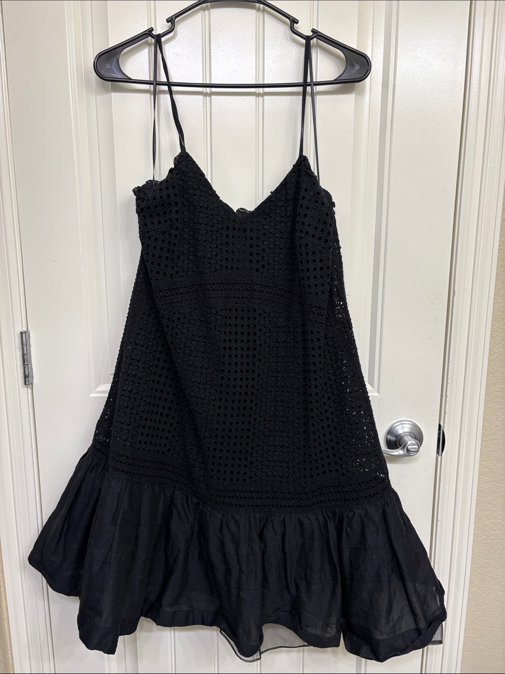 J. Crew Black Eyelet Spaghetti-Strap textured ruffle dress